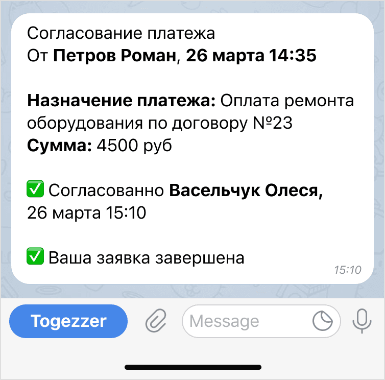 Сотрудник получает решение в чате телеграм